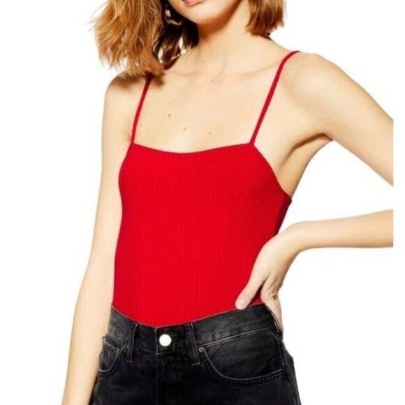 Topshop Red Ribbed Knit Bodysuit Snap Crotch Square Neck Boho Festival Womens 4 - Picture 1 of 9